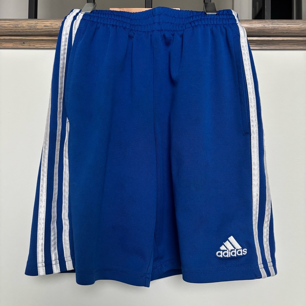 Adidas Kids Royal Blue Shorts with Silver Stripes - Size Small (S/M)